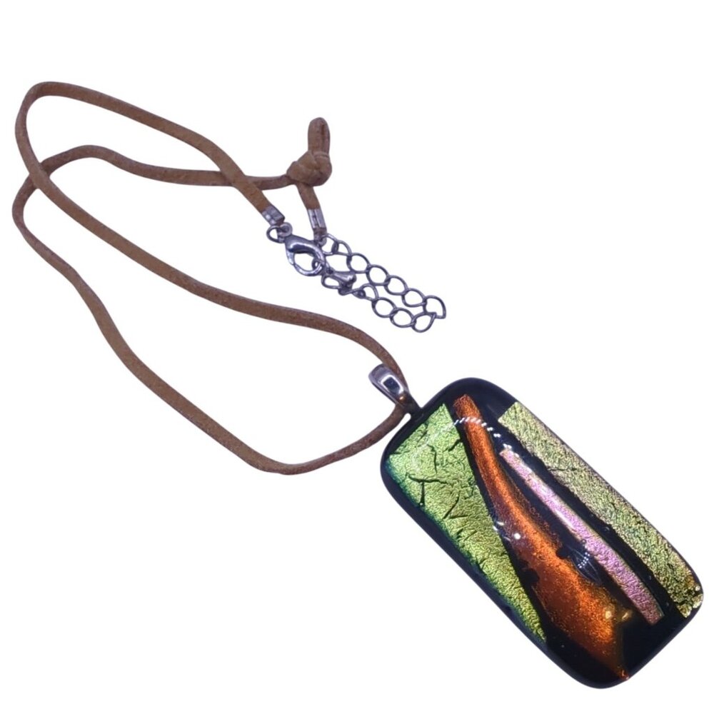 Handcrafted Dichroic Glass Pendant Necklace With Adjustable Suede Cord